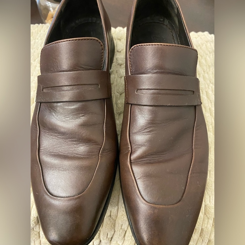 Hugo Boss Penny Loafers Men's 8 Dark Brown Leather Dress, runs large